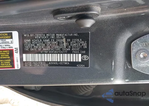 2011 Toyota Camry Le из США, поврежденный, VIN 4T1BF3EK5BU154777